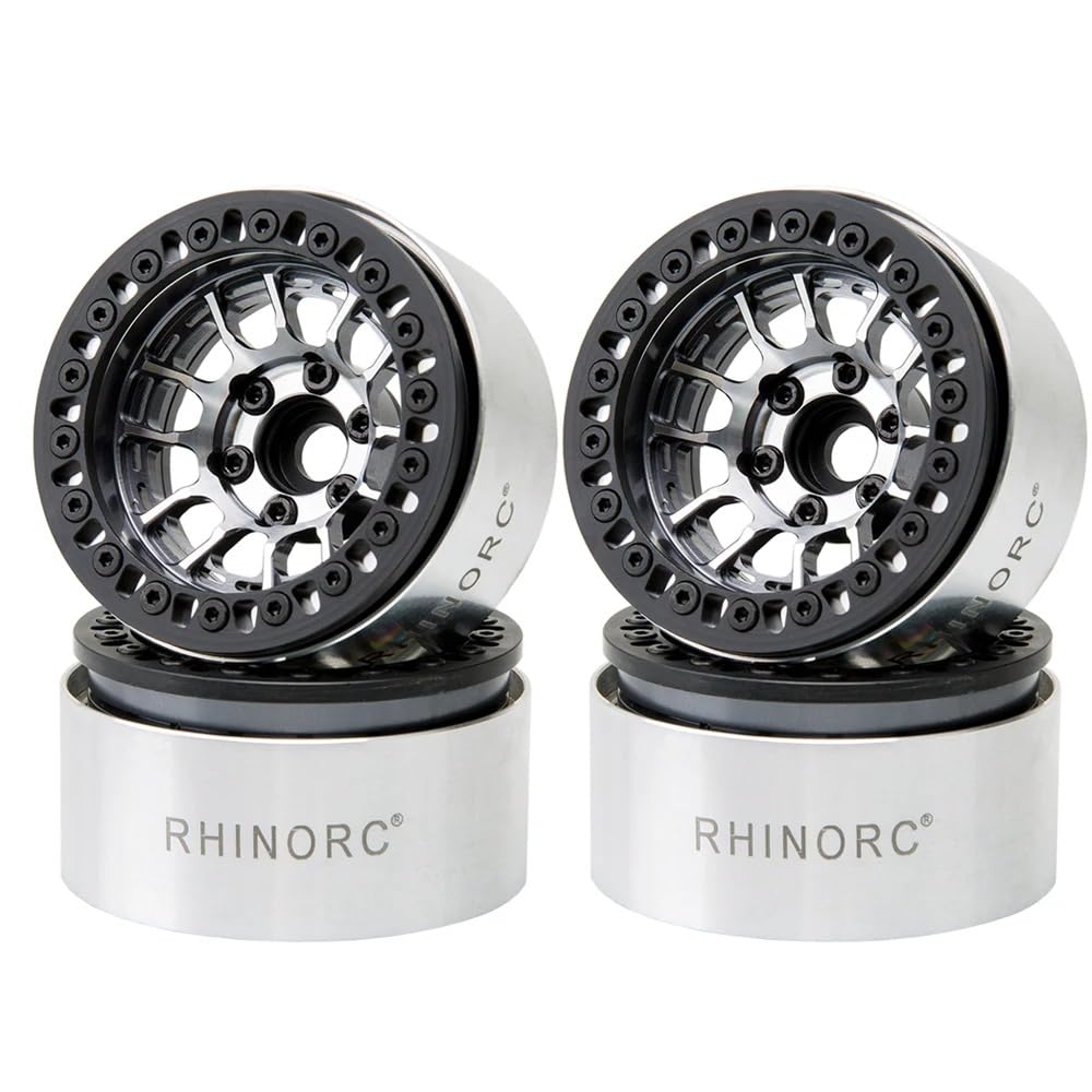 RhinoRC MOZA 1.9-inch beadlock wheel closeup shows durable aluminum construction for rugged crawlers.