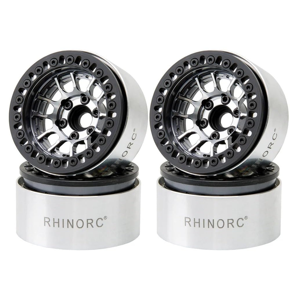 RhinoRC MOZA 1.9-inch beadlock wheel closeup shows durable aluminum construction for rugged crawlers.