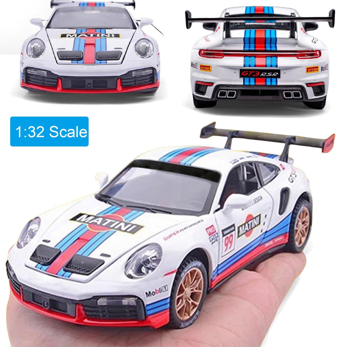 RhsMeuttle 911 GT3 RS diecast model — open doors show the detailed interior for kids' play.
