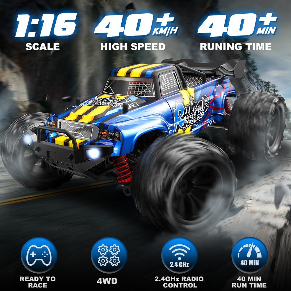 Rhybor 4x4 off-road RC truck conquering rough terrain with grip.