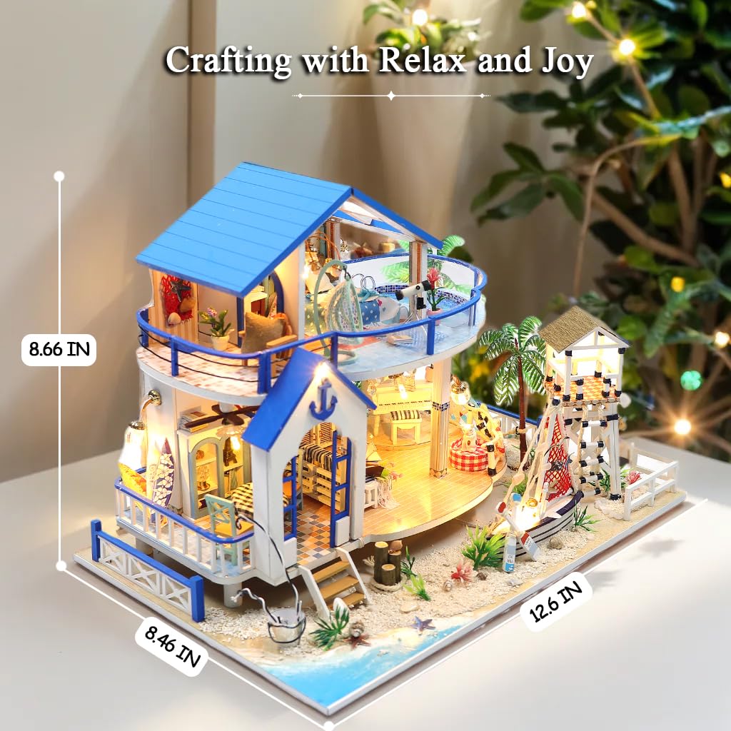 RHZN Miniature Beach House Kit complete assembly preview showing a charming beach house.