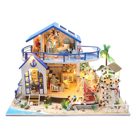 RHZN Miniature Beach House Kit exterior view highlights intricate craftsmanship for shelf display.