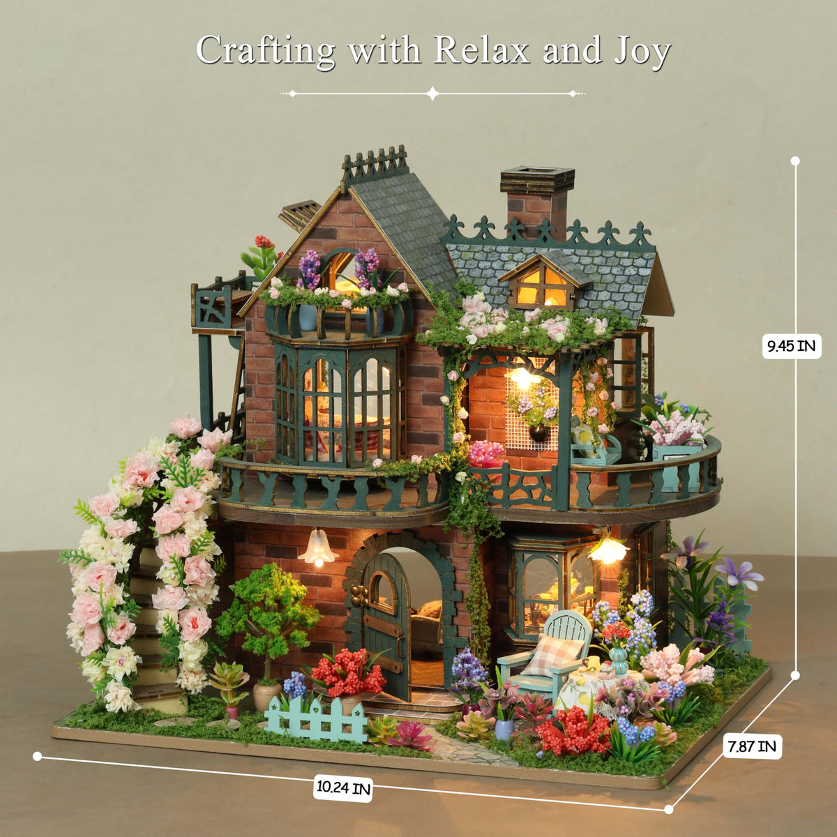 RHZN miniature house kit with LED lighting for cozy shelving display