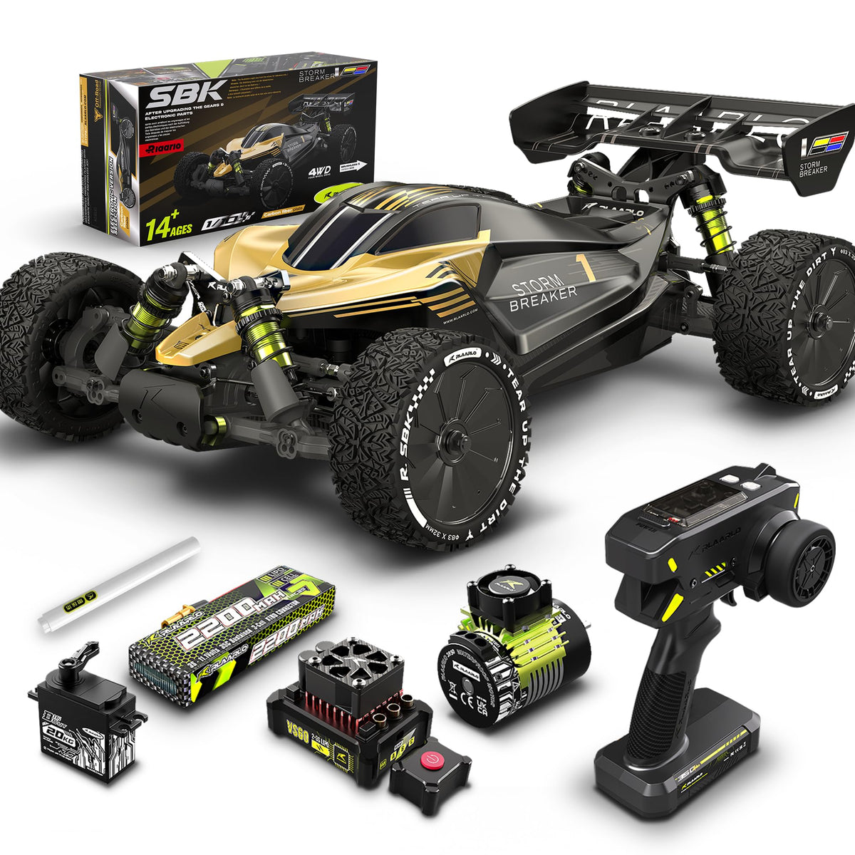 RIAARIO 1/10 brushless RC car body showing rugged polycarbonate shell for durability and speed-ready styling.