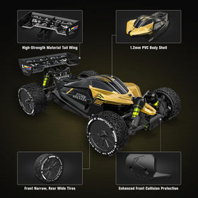 RIAARIO 1/10 metal hydraulic shocks enable stable control on rough terrain.