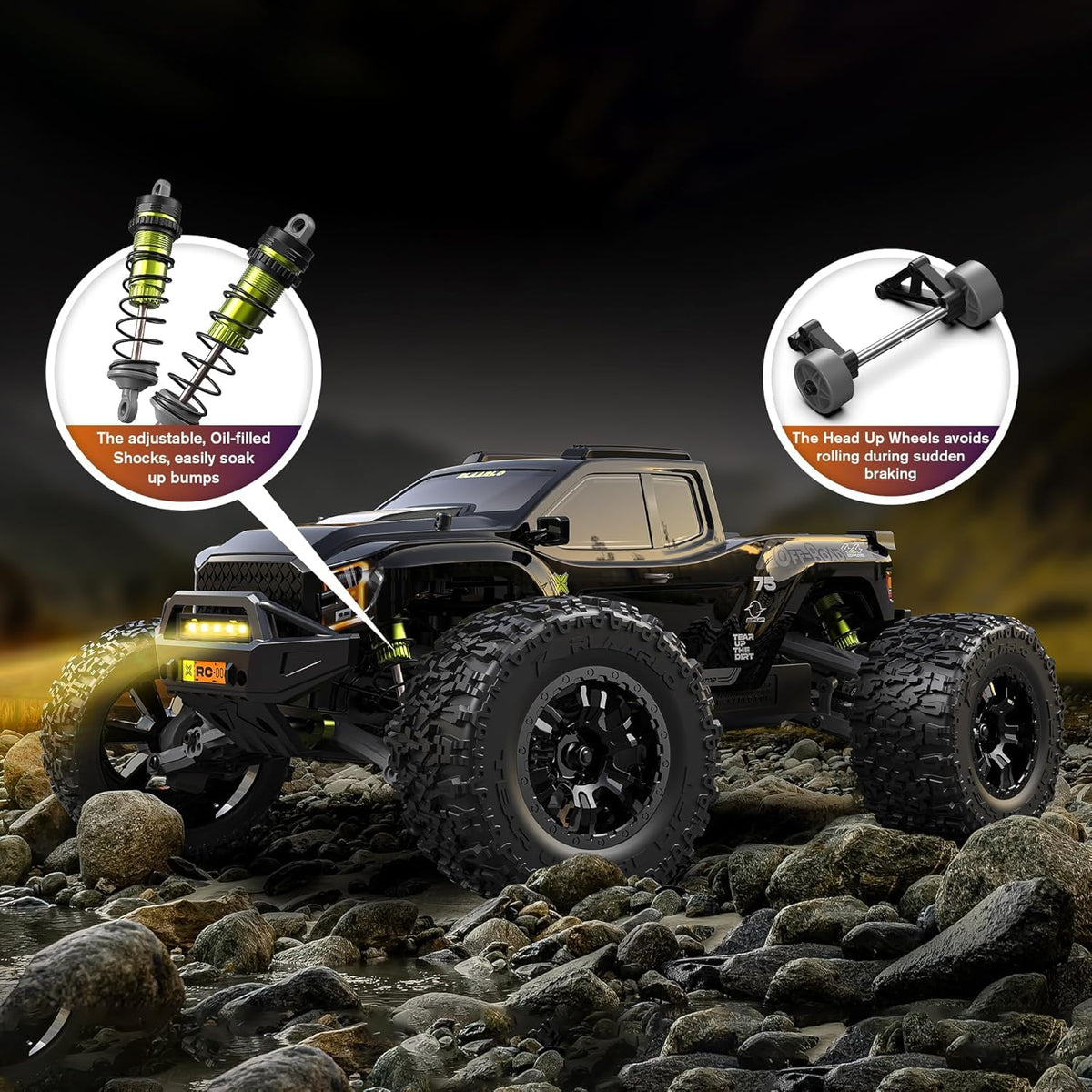 RIAARIO 1/10 brushless RC car aluminum chassis provides rugged durability.