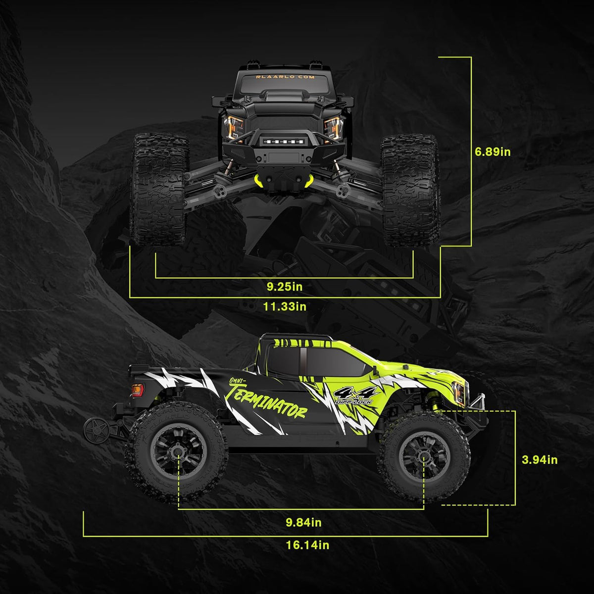 RIAARIO 1/10 brushless RC car multi-terrain tires and oil shocks handle rough ground.