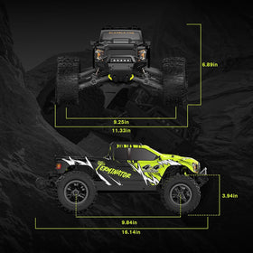 RIAARIO 1/10 brushless RC car multi-terrain tires and oil shocks handle rough ground.