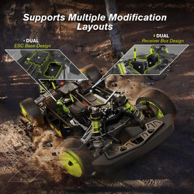 RIAARIO aerospace-grade aluminum chassis highlights CNC shock towers for rugged all-terrain handling