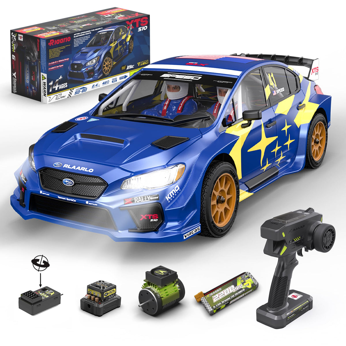 RIAARIO 1/10 brushless RC car front view highlighting agile handling and blue rally styling