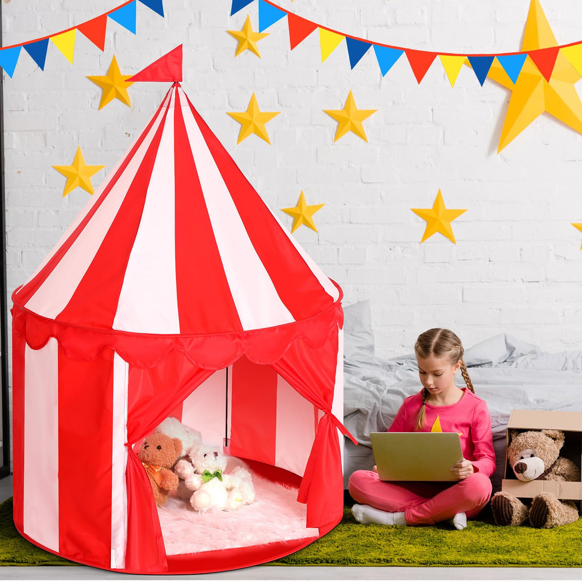 Ribbonlic Circus Tent suitable for indoor and outdoor use, versatile play space.