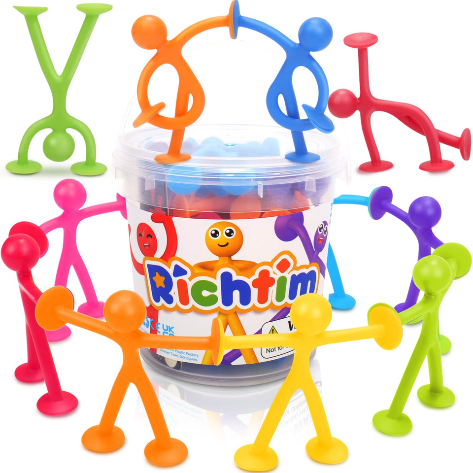 Richtim Kids humanoid suction toy on bath surface for tactile play and grip.