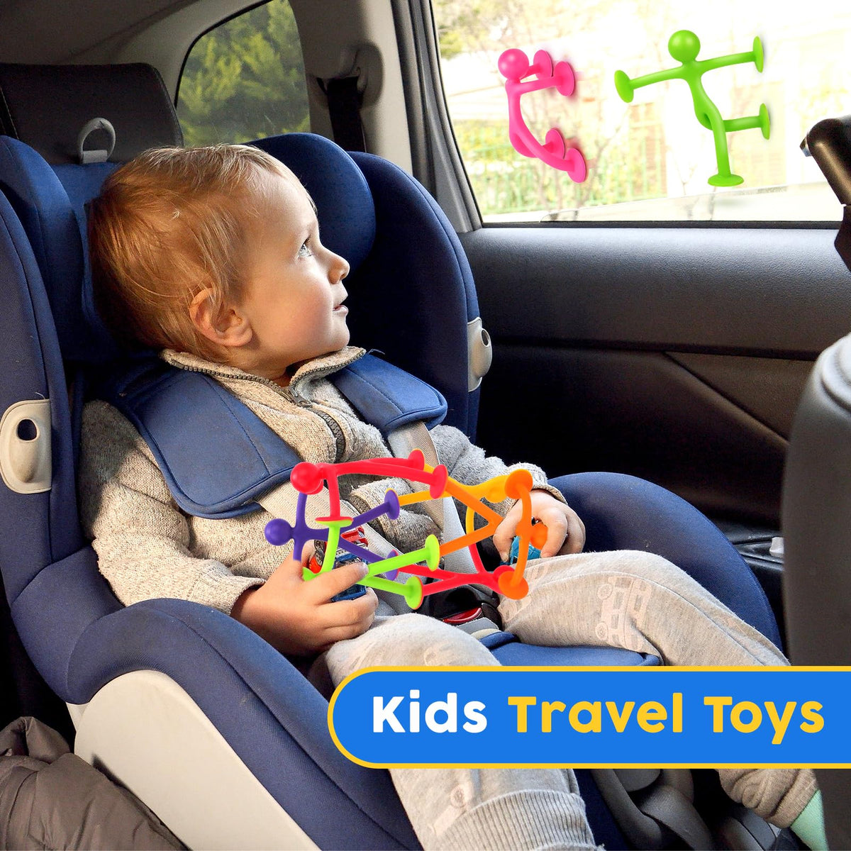 Richtim travel-friendly toys with four cups stay attached to surfaces on the go.