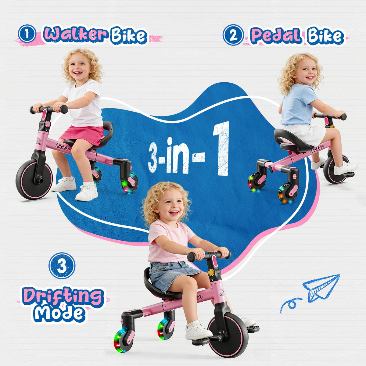 Ridego 360-degree drift mode enables exciting spins for curious toddlers.