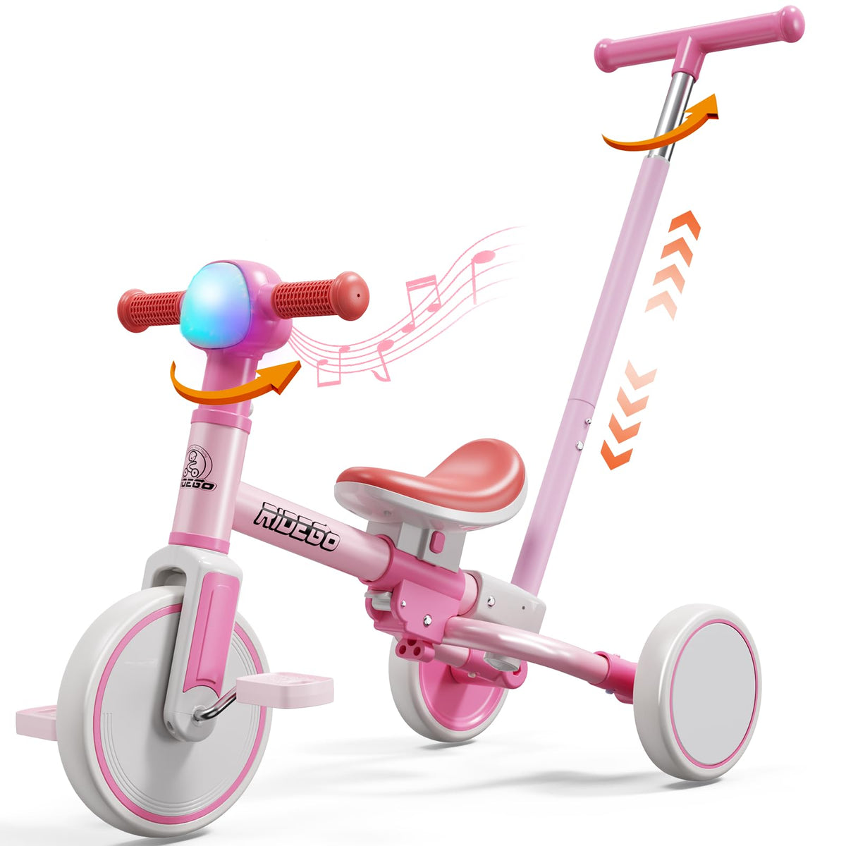 Ridego 5-in-1 tricycle front view with RGB light for visibility and fun.