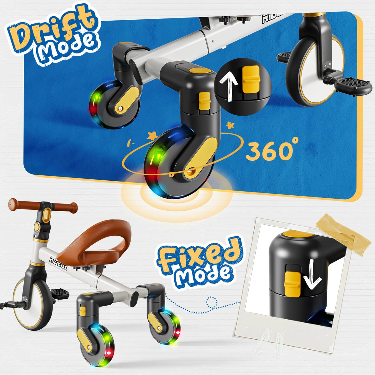Ridego adjustable seat grows with your child for comfort.