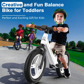 A child rides the Ridego bike in a yard, building balance