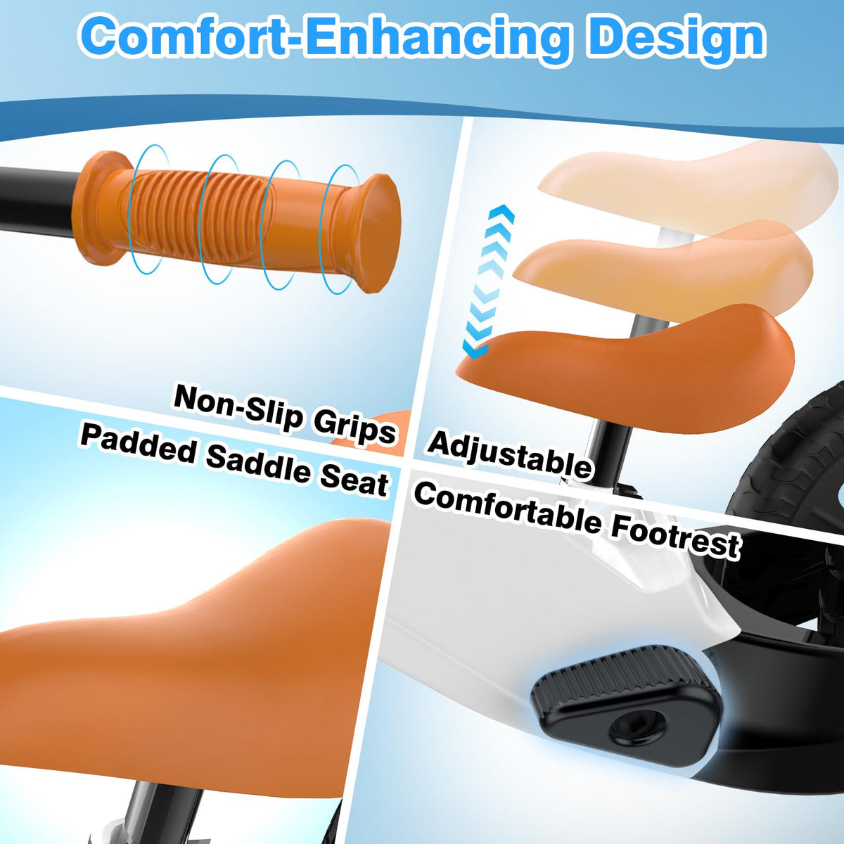 Ridego footrest and non-slip handlebars enhance balance learning and control
