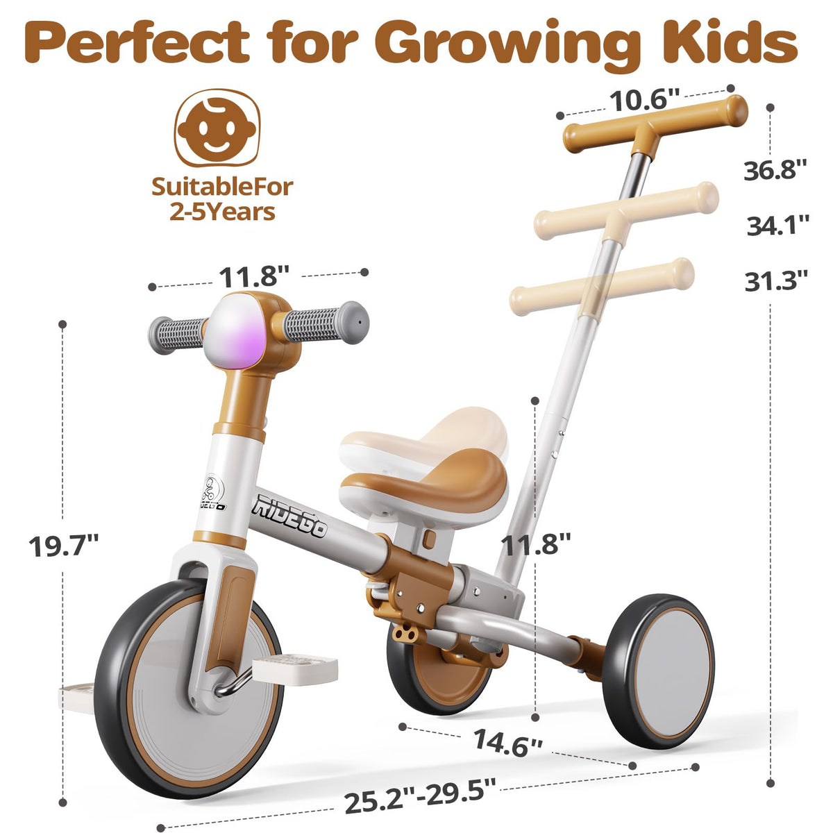 Ridego non-slip grips and quiet wheels for smooth indoor and outdoor rides