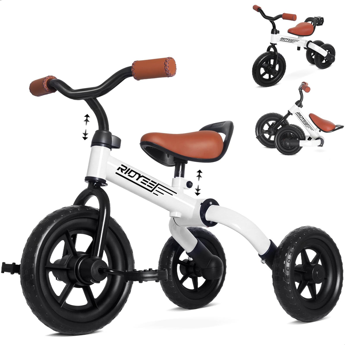 RIDYEE 3-in-1 foldable tricycle front view; compact design for easy storage and versatile riding.
