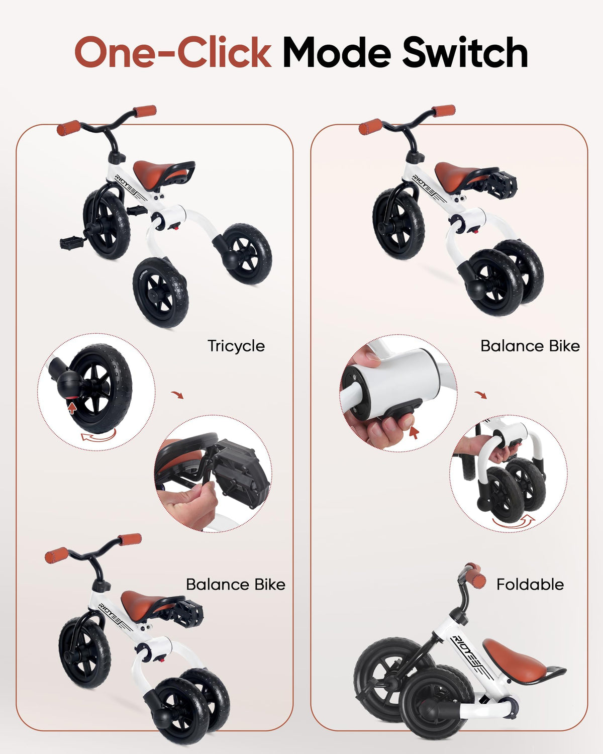 RIDYEE 3-in-1 tricycle handlebar adjustment; customizable steering height for comfort.