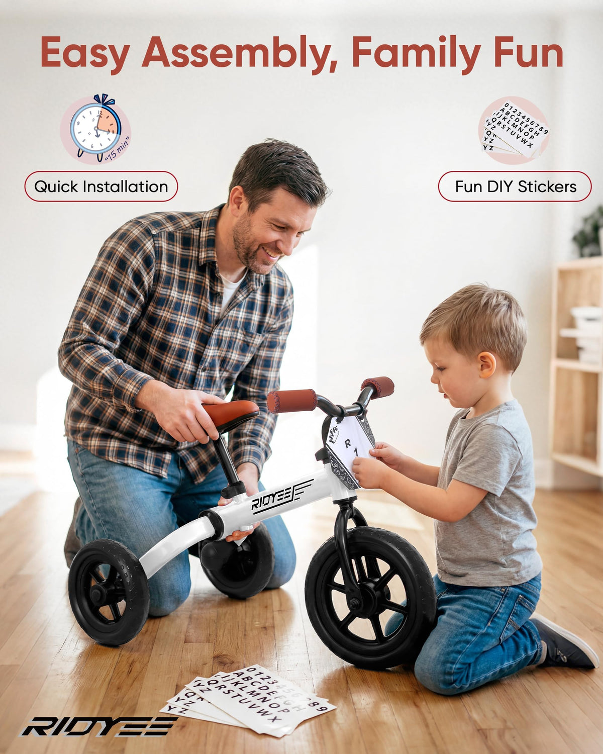 RIDYEE 3-in-1 tricycle pedal storage; keeps pedals secure when not in use.