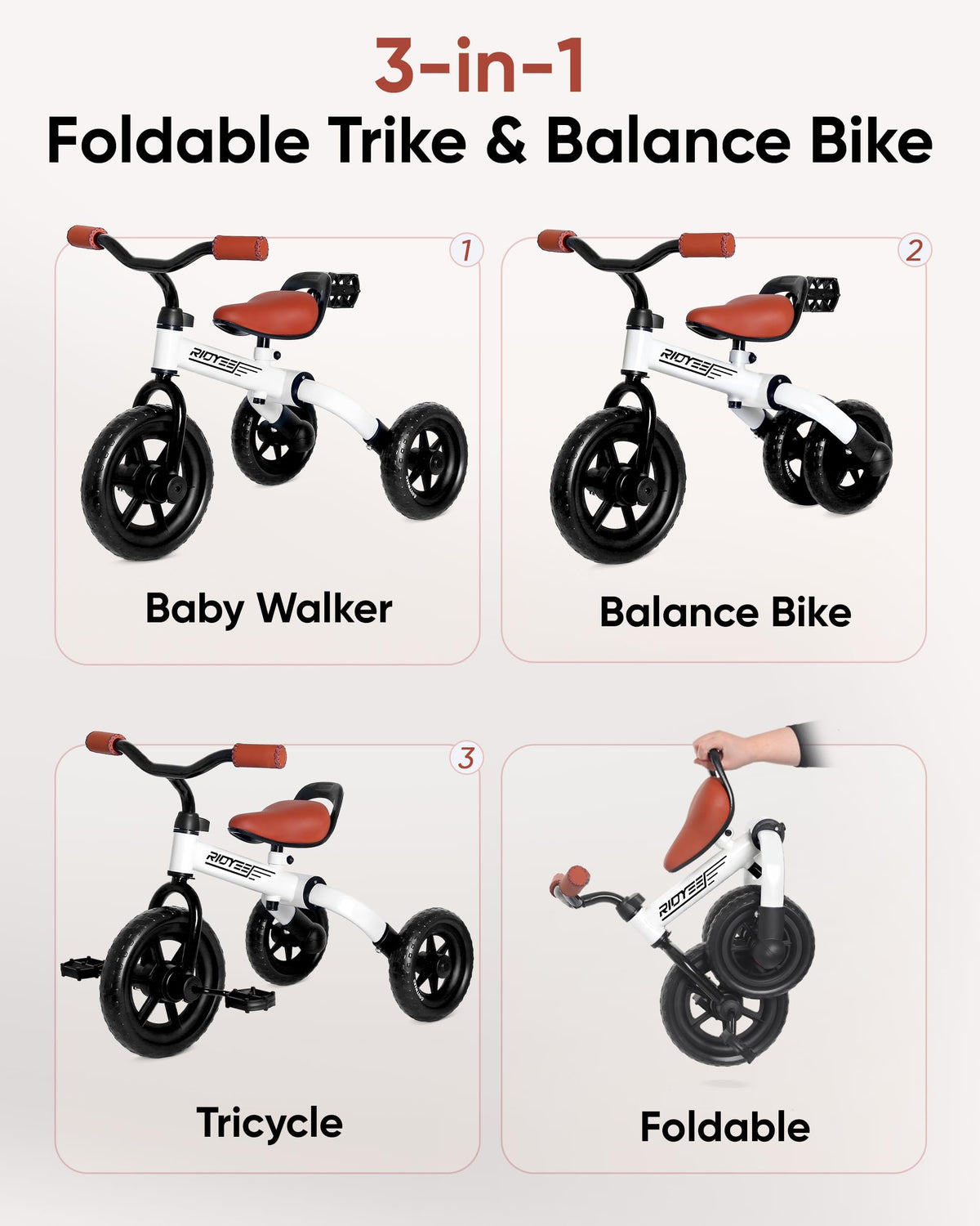 RIDYEE 3-in-1 tricycle seat adjustment; ergonomic height for growing toddlers.