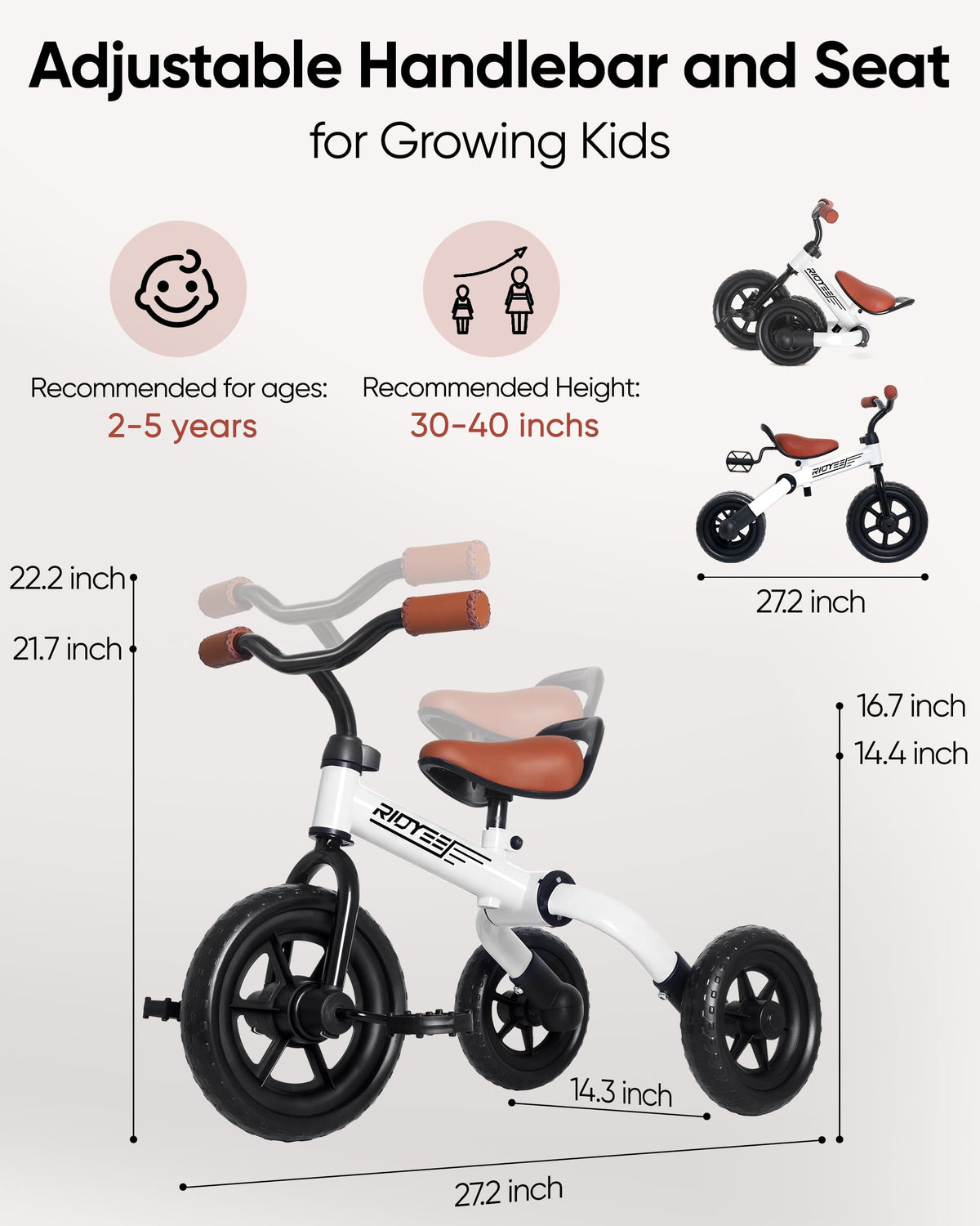 RIDYEE 3-in-1 tricycle leather seat; soft, anti-slip grip for comfort.