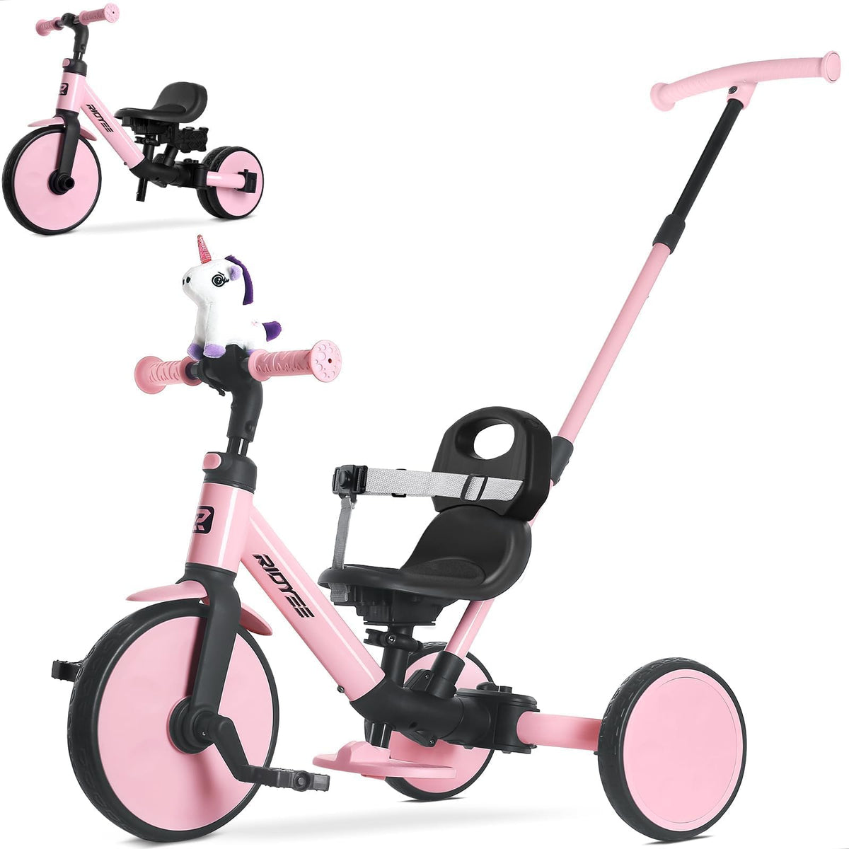 RIDYEE 5-in-1 toddler tricycle with multiple modes for growing children.
