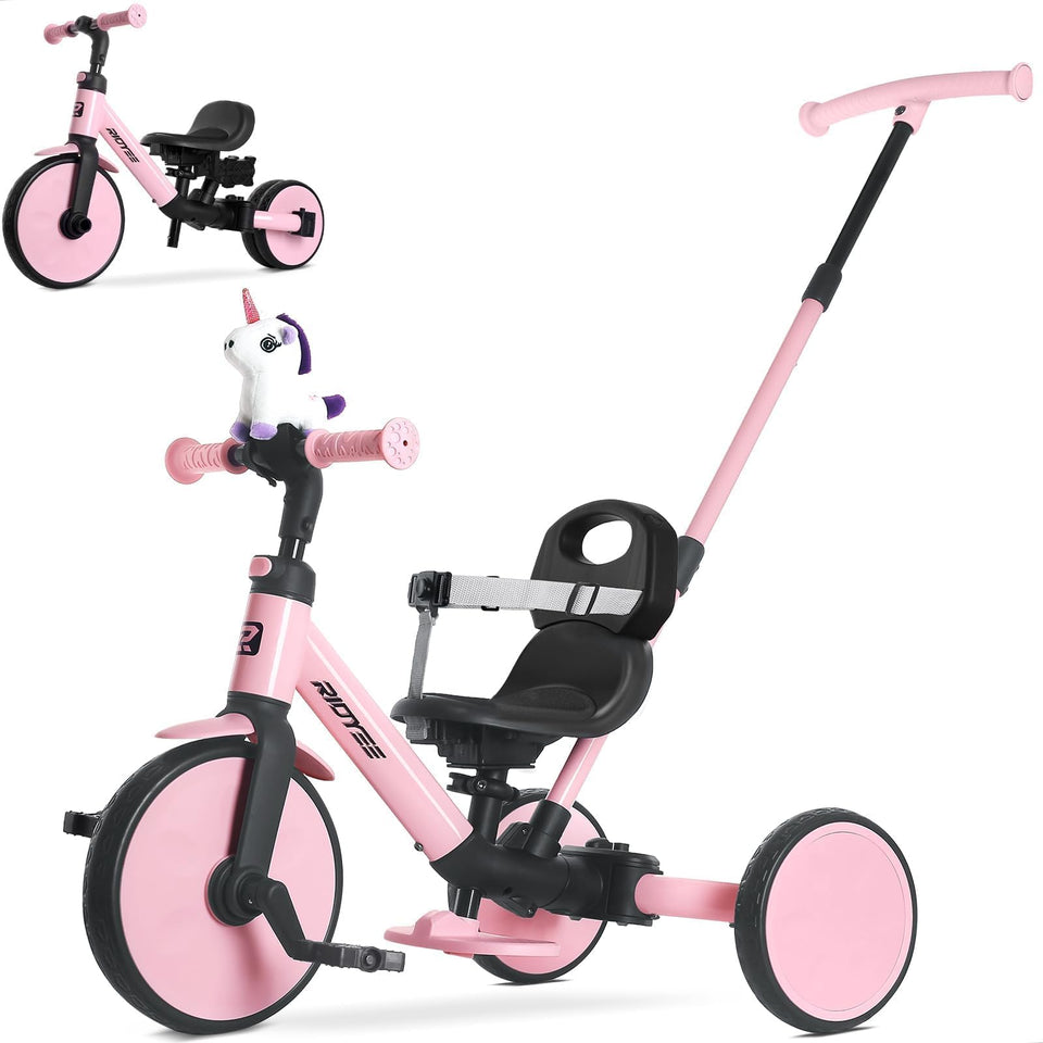 RIDYEE 5-in-1 toddler tricycle with multiple modes for growing children.