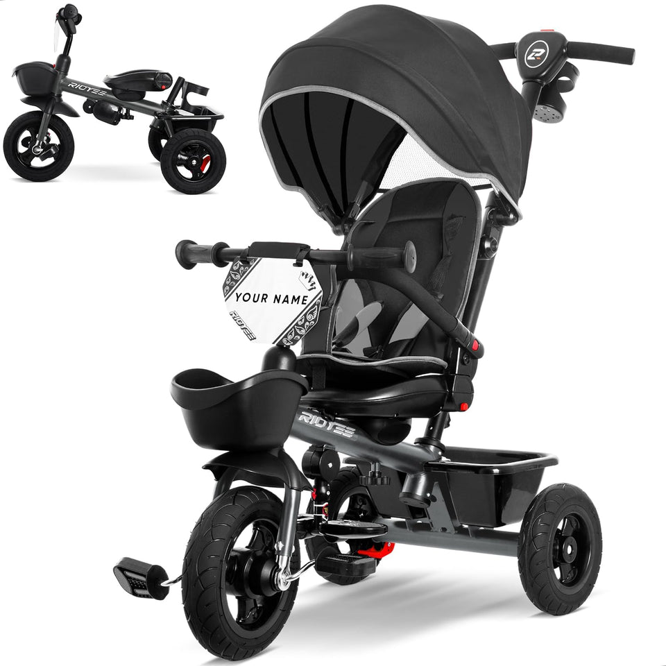 RIDYEE 7-in-1 tricycle on rugged all-terrain tires for smoother outdoor rides.