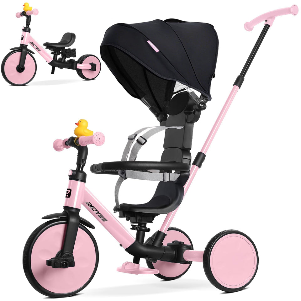RIDYEE 8-in-1 tricycle showing stage switch for growing rider benefits