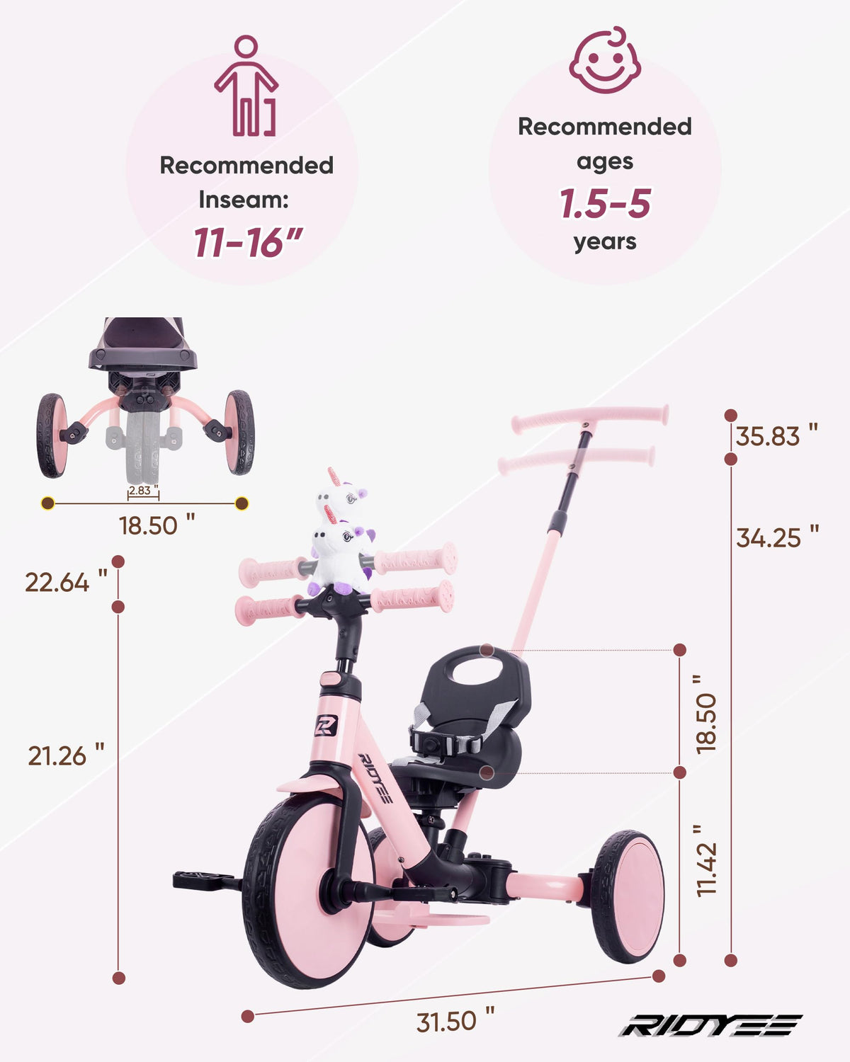 RIDYEE seat with 3-point harness provides safe, comfy seating.