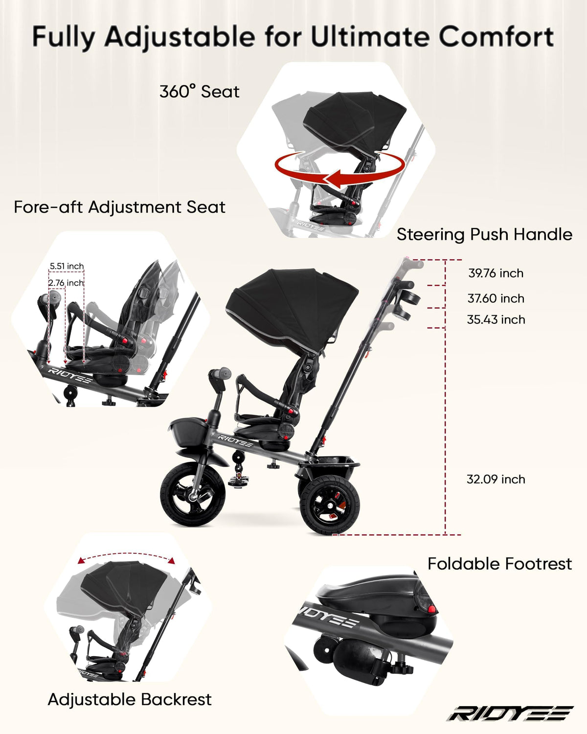 RIDYEE retractable canopy and guardrail for sun protection and added security.