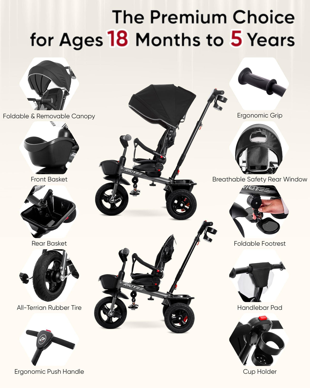 RIDYEE safety features with belt, brakes, and canopy for secure rides.