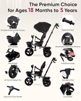 RIDYEE safety features with belt, brakes, and canopy for secure rides.