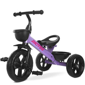 RIDYEE toddler tricycle front basket in purple for toys and snacks during rides.