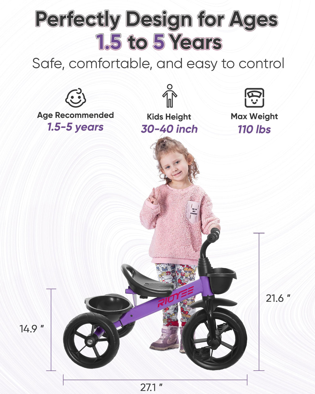 RIDYEE toddler tricycle in purple encourages independent riding and explorations.