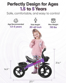 RIDYEE toddler tricycle in purple encourages independent riding and explorations.