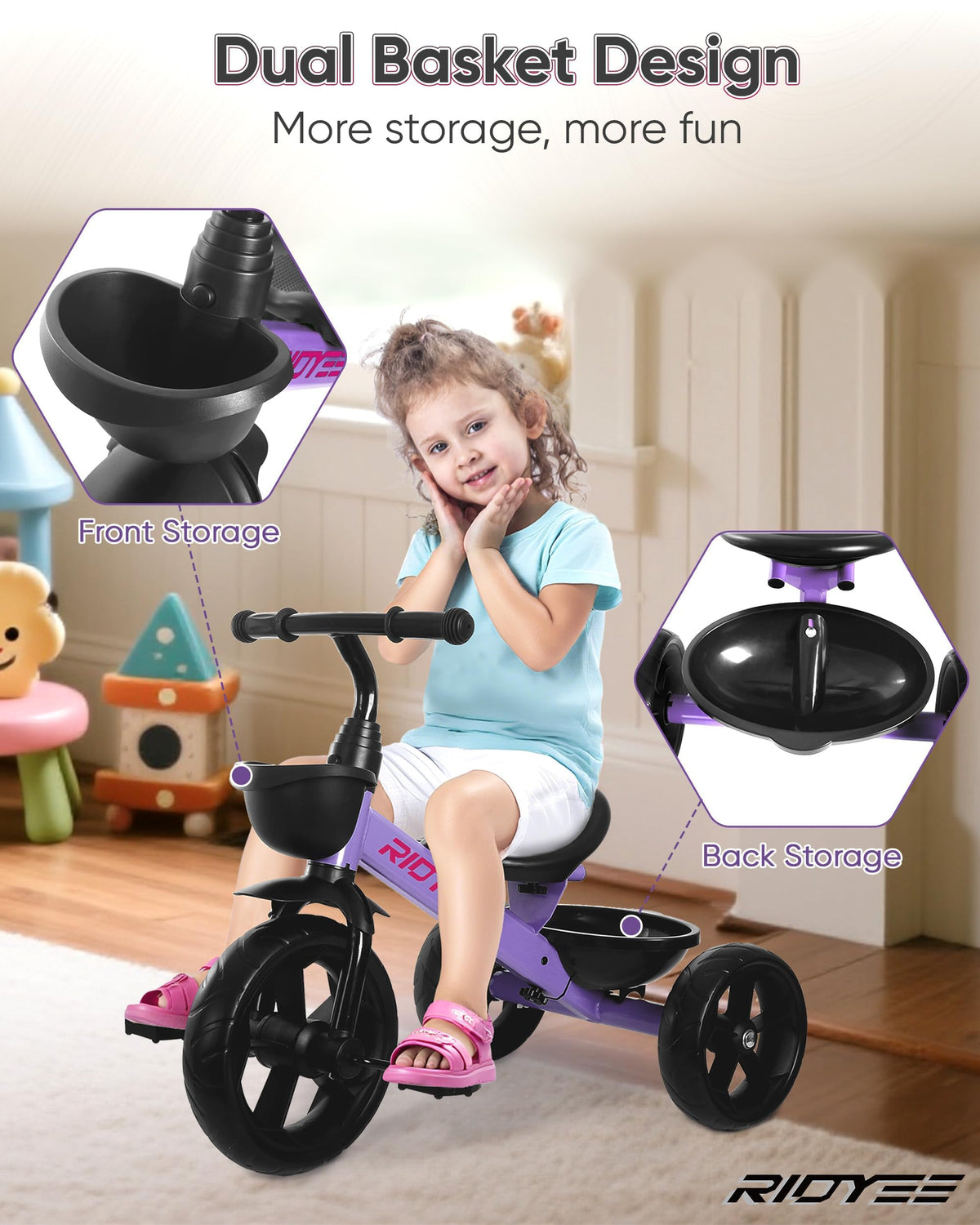 RIDYEE toddler tricycle rear basket in purple keeps water bottles and gear within reach.