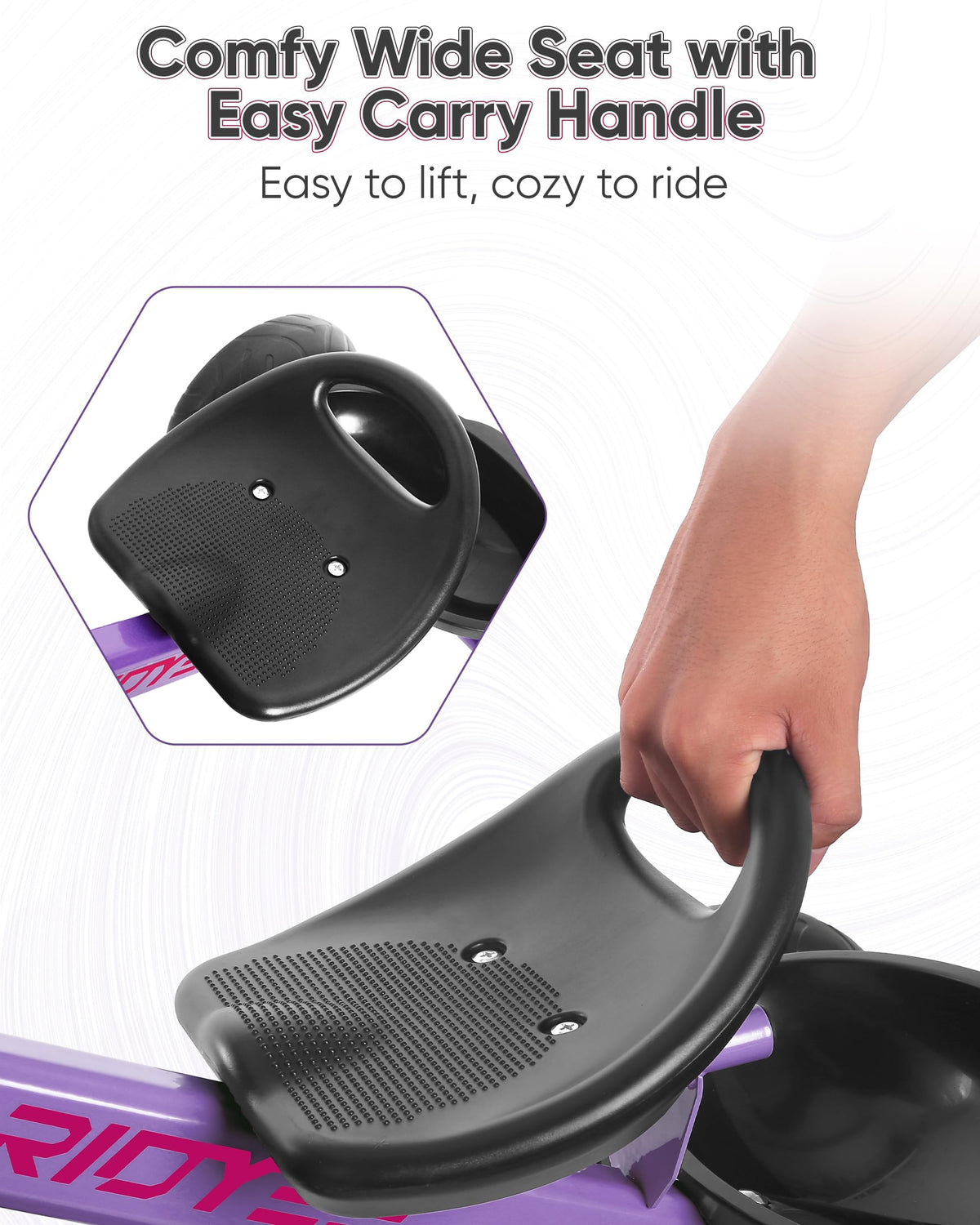 RIDYEE wide wheelbase design in purple boosts stability for confident riding.