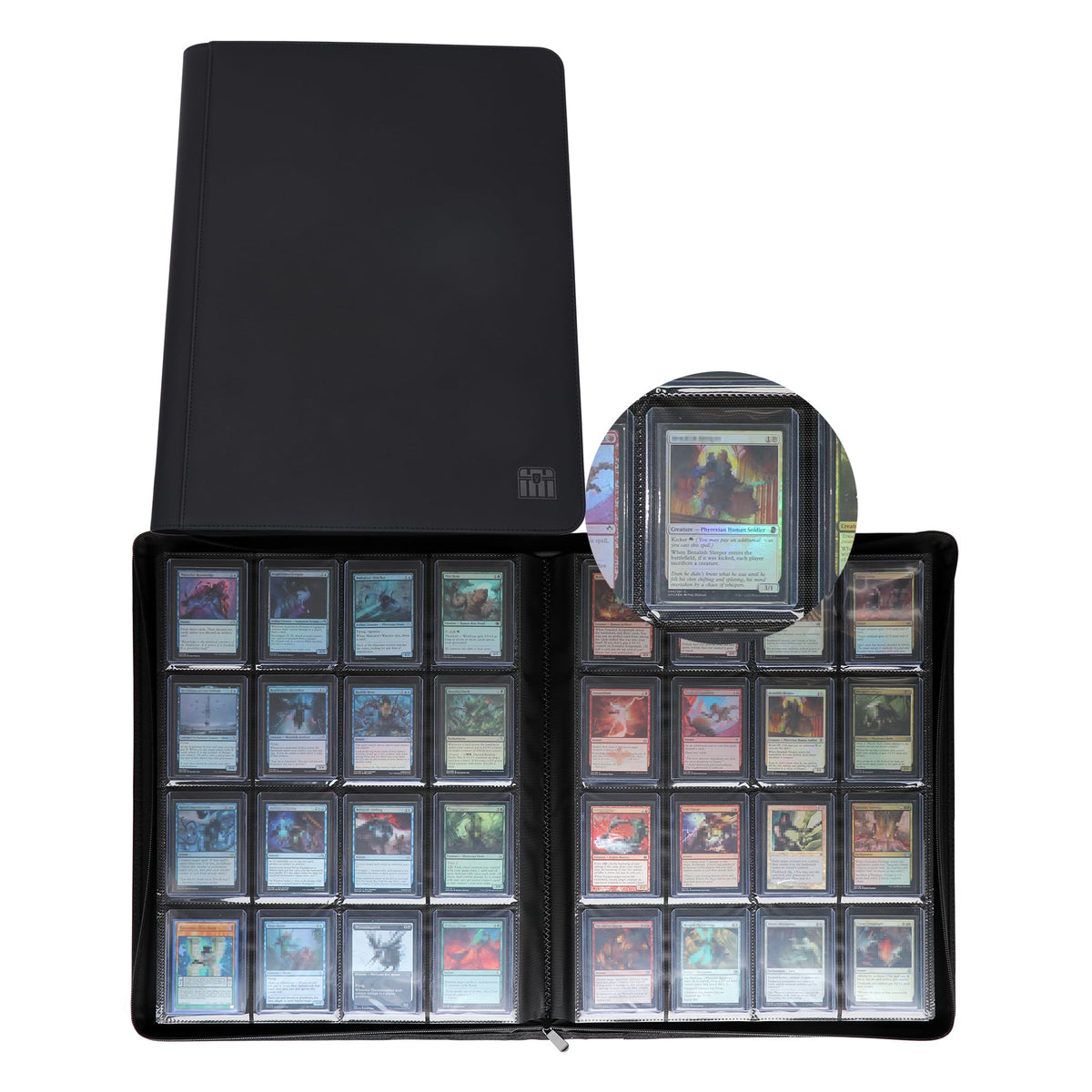 Rieton 16-pocket binder front cover with padded protection for delicate cards.