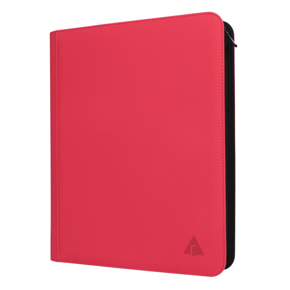 Rieton red top-loader binder front view showing organized card storage and protection