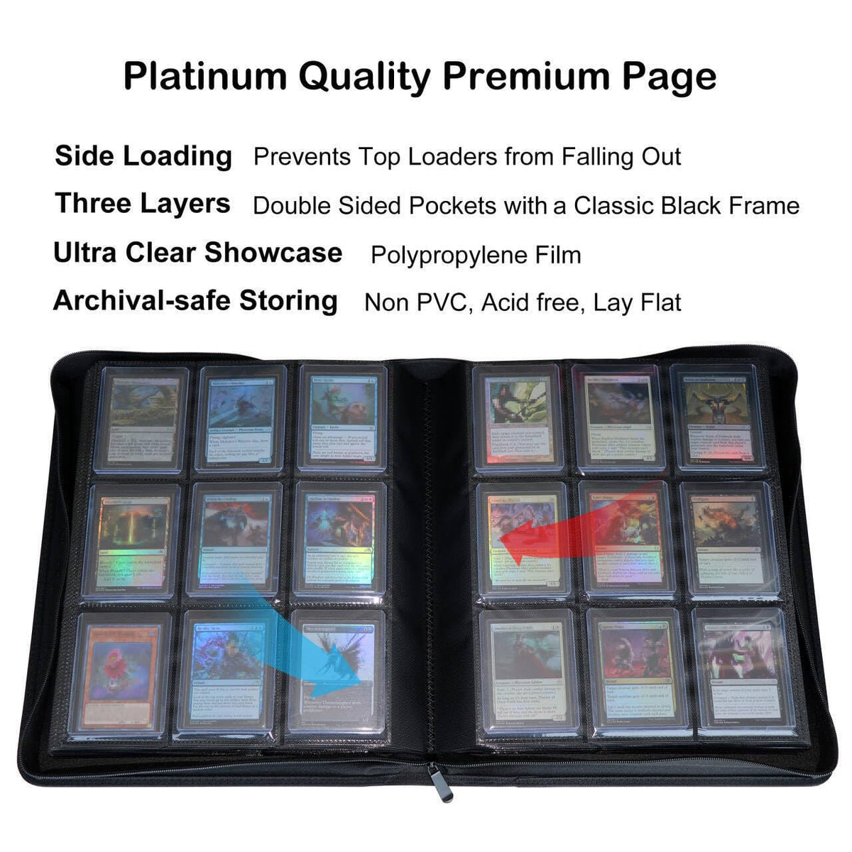 Rieton red binder open with sleeves for quick access to 3x4 cards