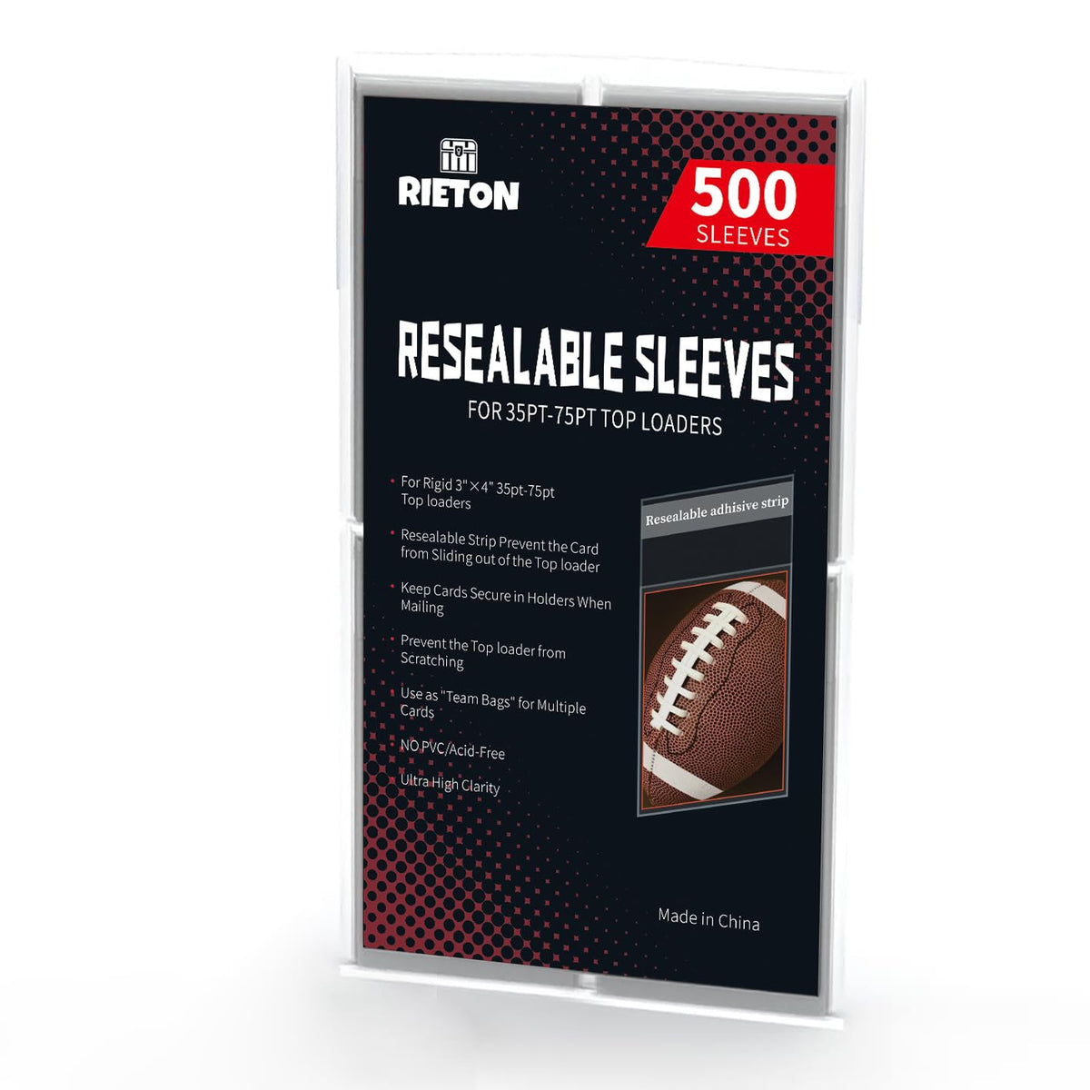 Rieton top loader sleeves 500-pack packaging preserves and organizes collectibles.