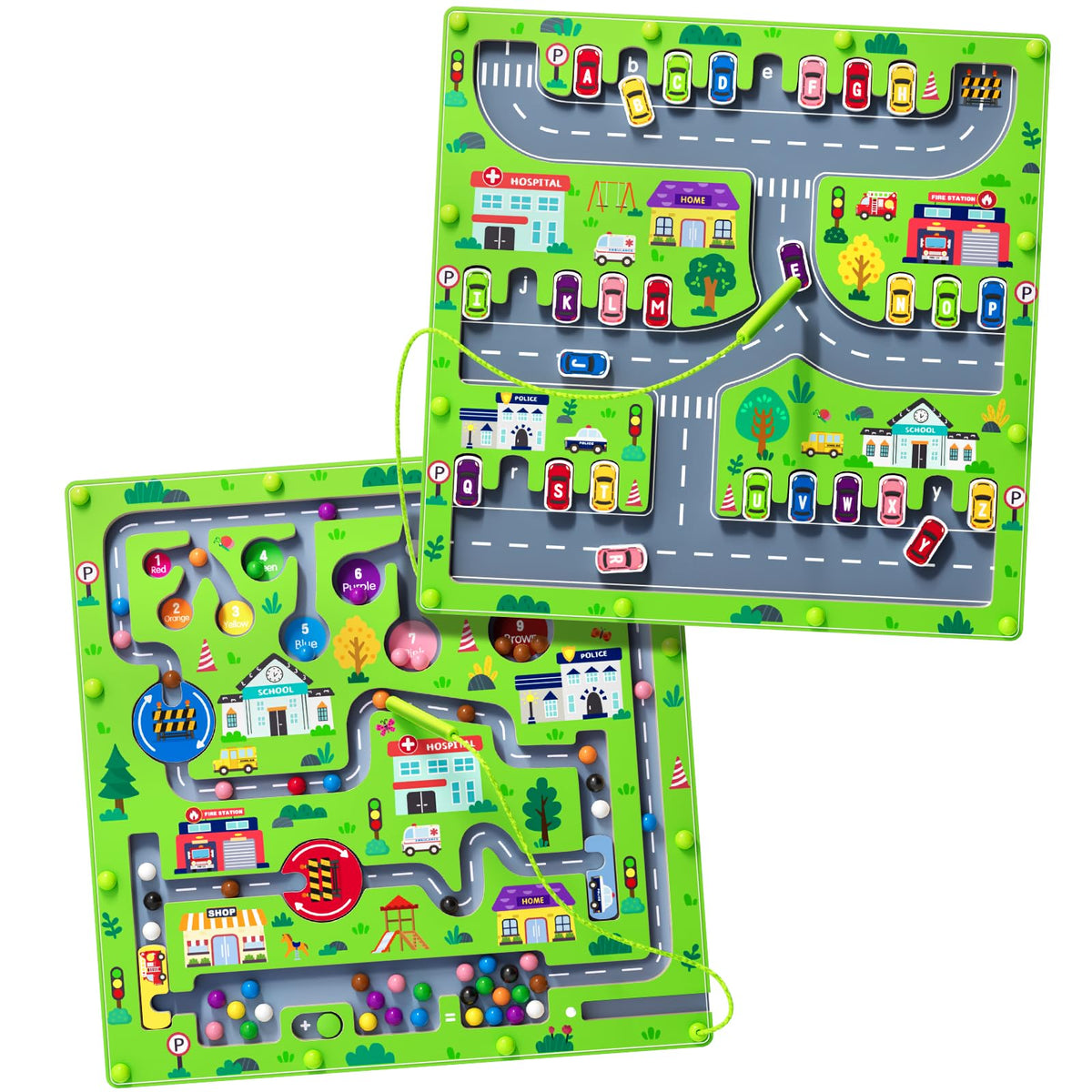 Rifamee color maze board front for color and letter recognition on a durable wooden surface.