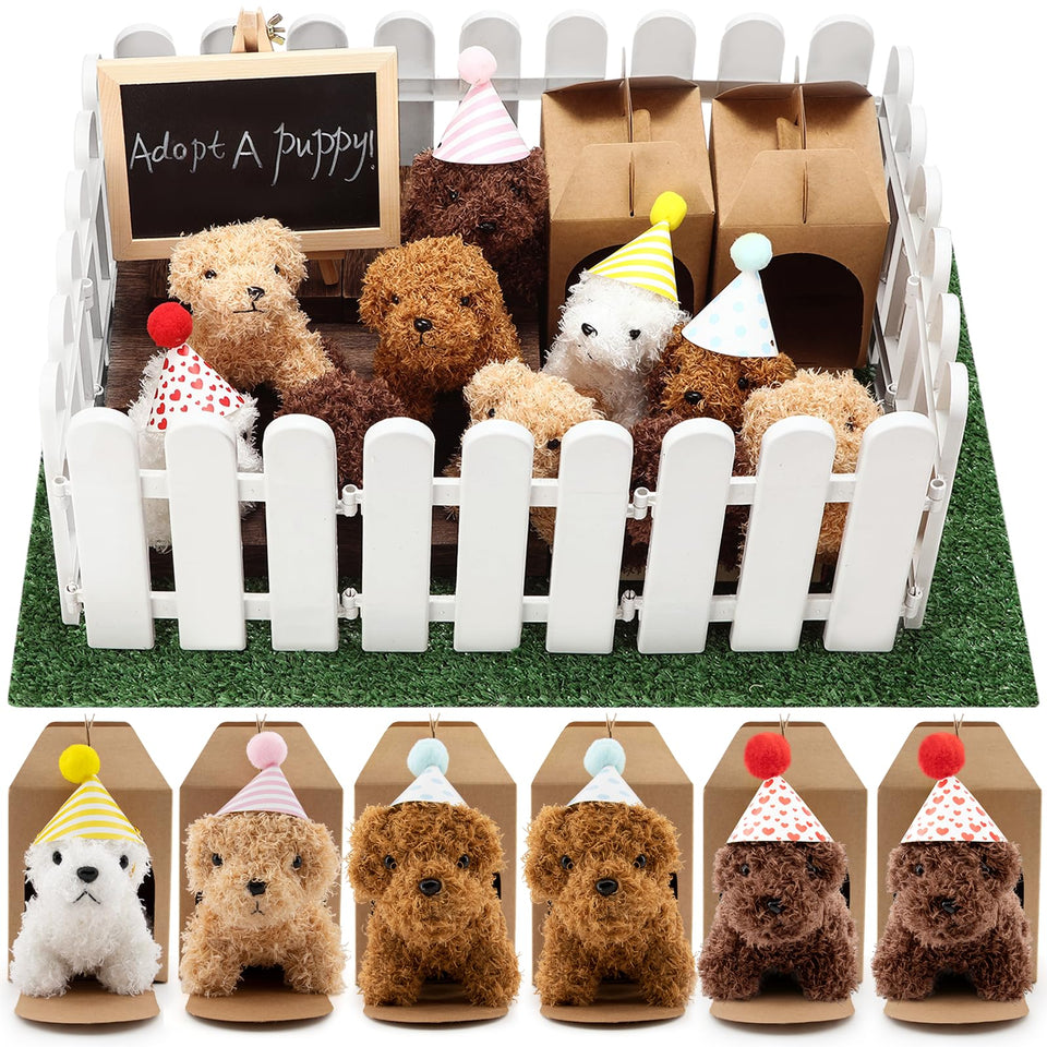 Rigibright Adopt A Puppy set: 24 mini plush puppies with hats for festive party decor
