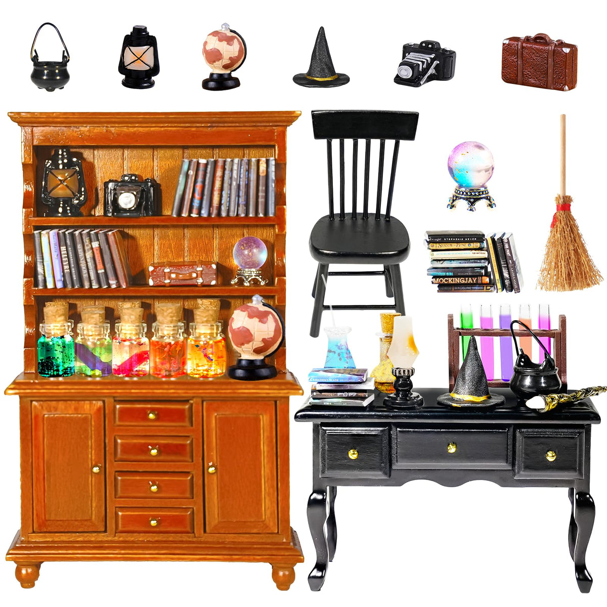 Rileryan Witchy House Kit bookshelf with tiny spell books for a magical display.