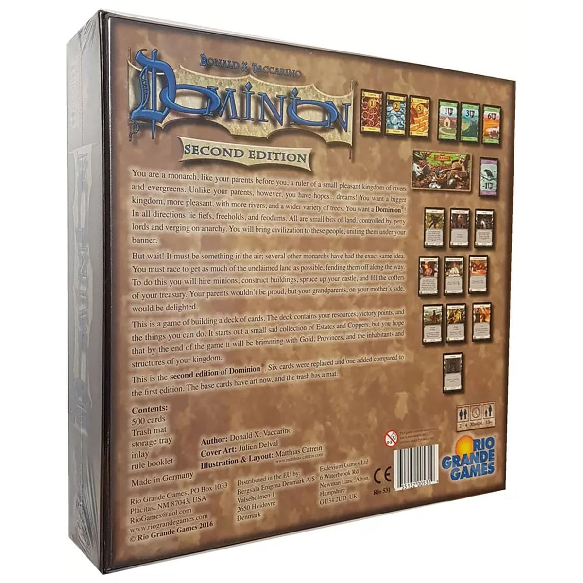Rio Grande Games Dominion 2nd Edition card layout highlights diverse deck-building options for endless replay.