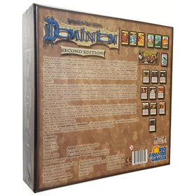 Rio Grande Games Dominion 2nd Edition card layout highlights diverse deck-building options for endless replay.